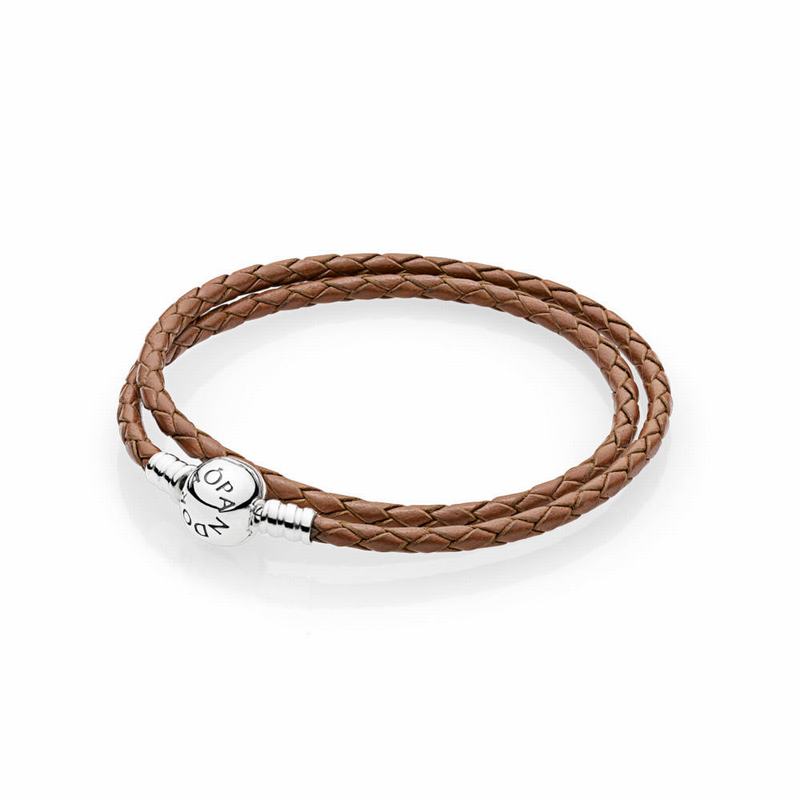 Pandora Brown Braided Double-leather Charm Bracelet Ireland - Sterling Silver/Leather/Brown - 034681